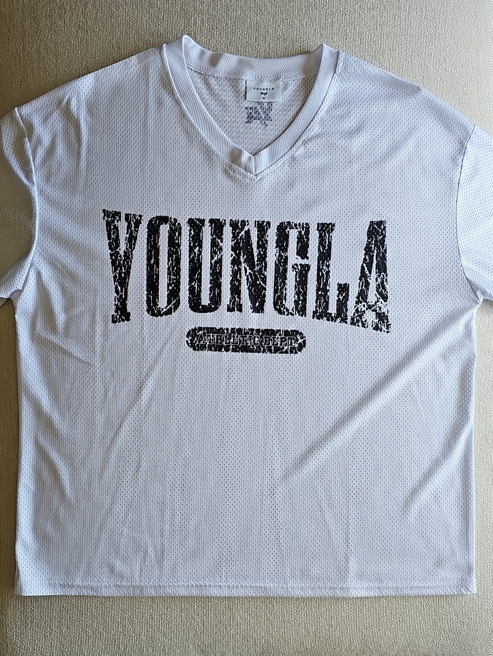 YoungLA White V-Neck Graphic Short Sleeve Tee with Black Logo